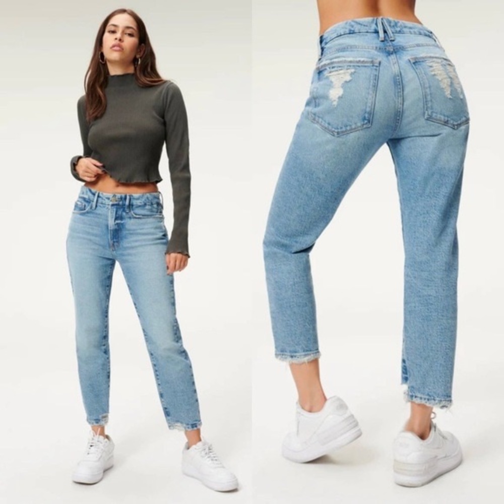 NEW | GOOD AMERICAN | Good Girlfriend - Distressed High Rise Jeans in Blue863